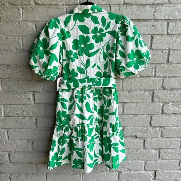 Jessica Simpson Sz XS Dress Cotton Green&White Puffy sleeve pockets Tiered Belt - Picture 2 of 6